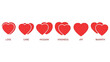 © AkandWorld - Red hearts with different emotions and feelings written below each heart.