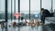 © Yaiza Canvas - Candid Luxury Living Room: Exhausted Parent and Defiant Toddler amidst Architectural Block Explosion with Futuristic Storm and Depleted Battery Holograms on Rainy Day