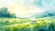© LuckyStride - 朝日に照らされる牧場の羊水彩イラスト