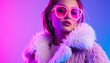 © skynds - Stylish woman in pink sunglasses and faux fur jacket with vibrant neon lighting
