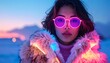 © skynds - Stylish Young Woman in Glowing Faux Fur Jacket and Trendy Neon Sunglasses in a Vibrant Winter Landscape