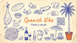 © Sultan Desain - Spanish Vibe: hand-drawn illustration of tapas, paella, bread, drinks, wine, and tropical decor celebrating fiesta y comida.