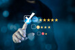© okawa - Satisfaction survey, service experience on online application, Customer give rating to service on application. questionnaire for experience or customer satisfaction research. Five star show on hand.