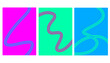 © Sana - set of modern, vertical abstract images featuring flowing, neon wavy lines on vibrant, contrasting solid color backgrounds (magenta, mint green, and blue), for wallpaper, print, digital use, decor