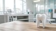 © Trisna - Tooth model on wooden surface, dental office blurred in background