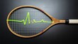 © Khaisan - Vintage tennis racket pulse concept. Sports themed wellness check and physical activity. Graphic health line on strings, dark background, macro focus.