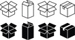 ©  Alexander Creations - Open and closed cardboard box icon set in outline and solid styles for packaging shipping storage and delivery concepts