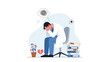 © Fahim - Stressed doctor sitting on a chair with head in hands, surrounded by messy thoughts, a broken heart, and overflowing work files, symbolizing burnout and mental health struggles.