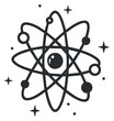 © vadymstock - An atom symbol with electrons orbiting in a geometric black and white outline vector style, ideal for educational and scientific projects