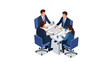© code19soft - Business meeting isometric vector. Four professionals signing a contract or agreement document during a negotiation session at the conference table.