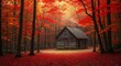 © Rio - 鮮やかな紅葉が燃えるような森に佇む素朴な木造小屋 穏やかな午後の光が神秘的に差し込む美しい秋の風景. AI Generated