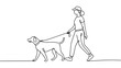 © Design Point - Single continuous line drawing of a woman in a cap walking her dog on a leash outdoors