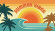 © GDMala02 - Retro summer vibes illustration with palm trees ocean waves and a vibrant sunset backdrop