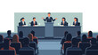 © lisda - Engaging public speaking illustration depicting a male speaker at a podium, addressing an attentive audience and a professional panel during a conference or seminar