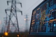 © Rifqi - Digital screen displaying glowing circuit board diagrams against blurry industrial power pylons, concept for electrical grid maintenance, energy data analysis and infrastructure security