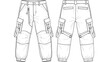 © Ayush - Technical CAD drawing illustrating cargo trousers featuring front, back perspectives, showcasing design details, utility pockets, straps, and adjustable cuffs for apparel design pr.