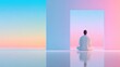 © Oksana - A person in white clothing sits in a meditative lotus pose within a minimalist architectural frame against a soft pastel gradient sky and reflective floor.