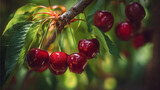 Group of Deep Red Sweet Cherries Ripening on a Tree Branch with Soft Bokeh Background