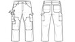 © Lokesh bhonde - Technical blueprint of durable work pants, showcasing front and back views, featuring practical pockets, tool loops, and sturdy design for construction, carpentry, or renovation pr.