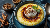 A gourmet creme brulee dessert with a perfectly caramelized top, elegantly presented in a bowl.