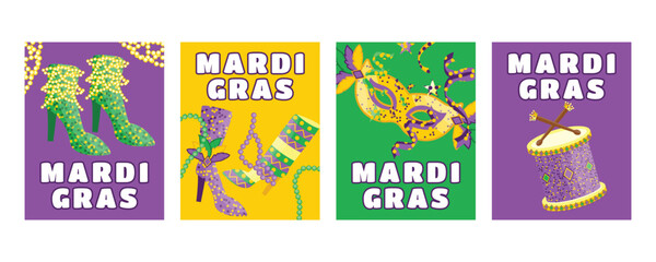  Mardi Gras vertical carnival banners and greeting cards with costumes, shoes, masks, drums, beads and confetti