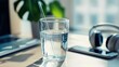© Keo - A glass of water with a straw on a table with headphones and a laptop.