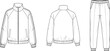 © its - Technical fashion flat sketch of a unisex tracksuit set featuring a zip-up raglan jacket and matching joggers with elastic cuffs.