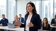 © ryker - Confident businesswoman giving presentation to colleagues in modern glass office with city skyline views, professional tone and engaged audience