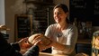 © Mauricio - Smiling baker handing a fresh artisan loaf of bread to a customer, capturing the warmth of local commerce.