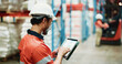 © peopleimages.com - Shipping, tablet and chart with man in warehouse for inspection graph cargo storage or freight. Supply chain inventory, distribution data and online export report with employee in factory for review