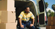 © BuyOutFelix06/peopleimages.com - Tired, boxes and van with delivery man outdoor for late shipment, stress and distribution backlog. Exhausted, supply chain crisis and fatigue with person and courier vehicle for logistics error