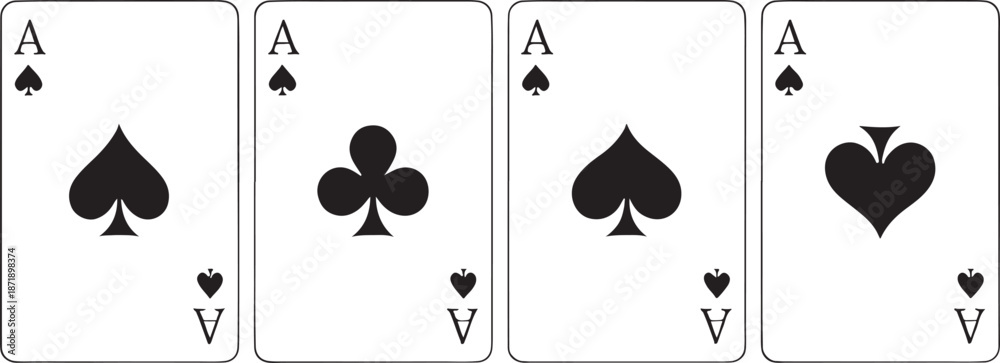 Four aces playing cards, specifically the Ace of Spades, Ace of Clubs, another Ace of Spades, and the Ace of Hearts, are displayed side by side for gambling themes.