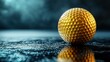 © Bejo Studio - Golden golf ball rests on a wet, sparkling surface under a misty light.