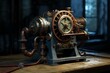 © juliars - Steampunk engine machine concept showing vintage industrial technology on a wooden table