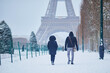© Ekaterina Pokrovsky - People and a dog walking through heavy snowfall on Champ de Mars near the Eiffel Tower in Paris. Snowstorm covers the scene in a wintery haze, creating a magical and atmospheric view of the city
