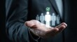 © Gayan - Professional adult man HR recruiter in a suit selecting the best candidate from a digital talent pool icons with a green checkmark, indoors office setting, recruitment and leadership concept.
