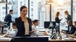 © AuraArt - Businesswoman on phone in a bustling office setting.