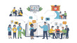 © Dodiandi - Flat illustration of diverse people interacting around a giant open book with thought bubbles and icons, symbolizing a support system and collaborative learning environment.