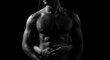 © twilight mist - Muscular male torso partially illuminated against deep black background with subtle feminine embrace