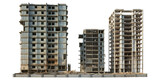 Set of ruined skyscrapers in urban decay scene concept. Three modern buildings under construction showcasing urban growth.