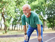 © Lumos sp - Portrait of a mature senior man exercising in a park, tired mature male running and taking a break holding a water bottle, outdoors, healthy lifestyle and cardio exercise in nature concepts, vitality