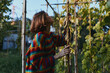 © SHOTPRIME STUDIO - Woman in a colorful striped sweater in a backyard garden, touching a vine and looking up with a curious expression, brunette with bob haircut, casual lifestyle and slow living scene.