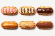 © nsit0108 - Six sweet dessert eclairs arranged on a white background, displaying different flavors and decorations