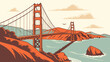 © fashanbd - Vibrant vector illustration of a grand suspension bridge over tranquil waters. A clean, flat vector illustration of the Golden Gate Bridge, viewed from an elevated angle, stretching across calm blue