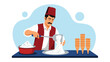 © Ali - Traditional Turkish ice cream vendor wearing ethnic clothing preparing delicious dondurma with a long metal rod and wafer cones.