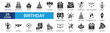 © Squadfire - Birthday icon set. Containing party favors, birthday cake, cupcake, party hat, balloons, presents, invitation, celebration and more. Glyph vector icons collection.