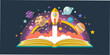 © Piku - A colorful rocket launching from an open book into a vibrant cosmic scene
