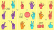 © VectorVista - Vibrant hand gestures on yellow background with peace signs and positive messages