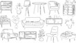 © Namira - hand drawn vector illustration of a set of furniture or silhouette of various home decor made by sketch lines.