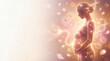 © Elena - Silhouette of a pregnant woman formed by glowing particles surrounded by DNA strands and cell structures, symbolizing life, genetics, and fertility